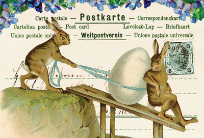 Kolaż z wielkanocnymi zającami z pisanką