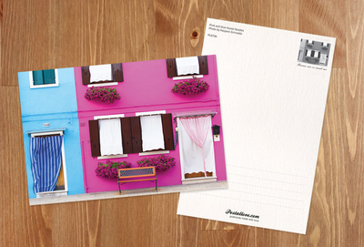 Pink and blue house facades